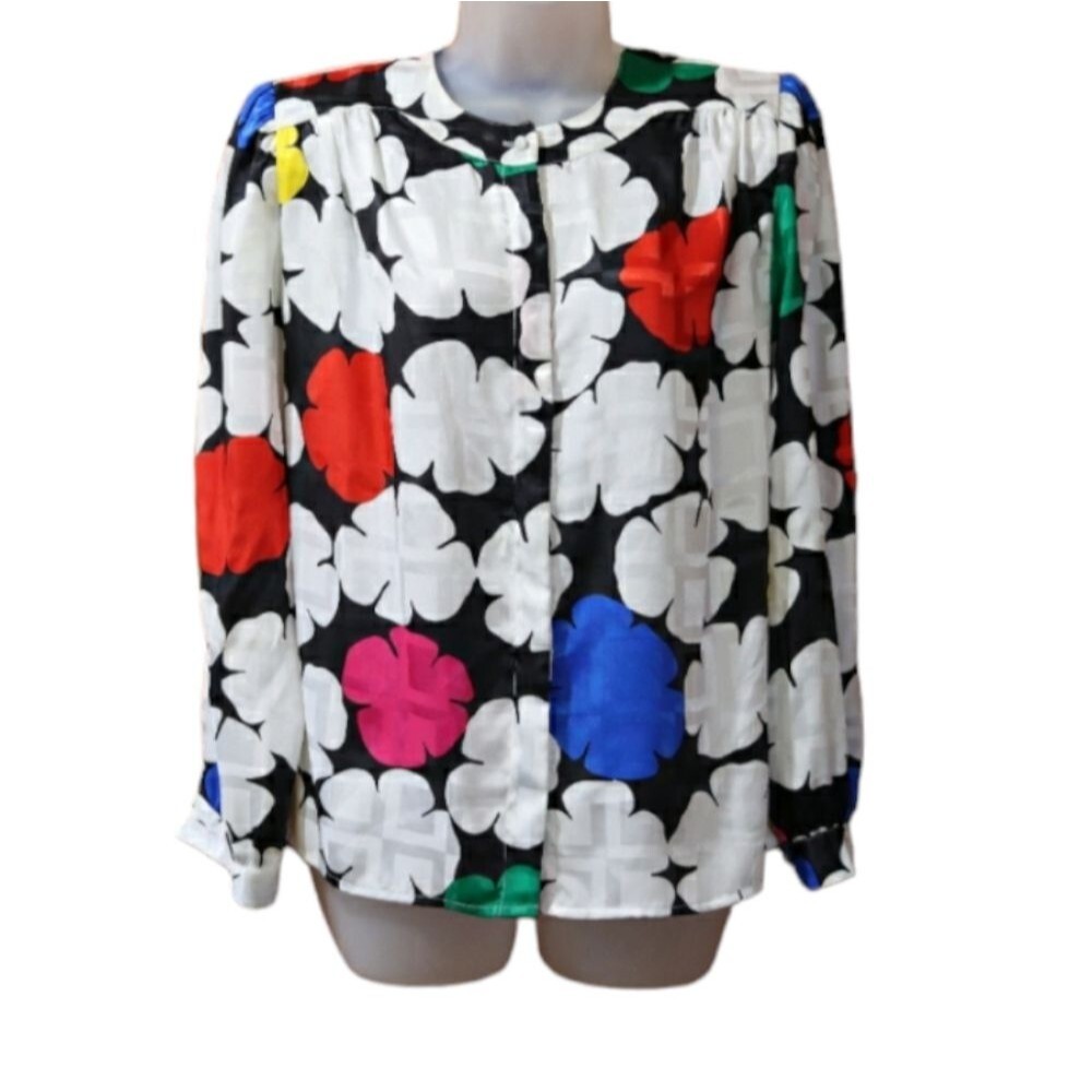 Lloyd Williams Vintage 80s Pop Art Floral Blouse – Bold Colorblock Print Size 8